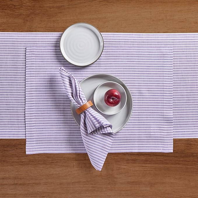 Solino Home Linen Table Runner 144 Inches Long - Narrow Stripe, 100% Pure Linen Lavender and White Table Runner 14 x 144 Inch for Dining