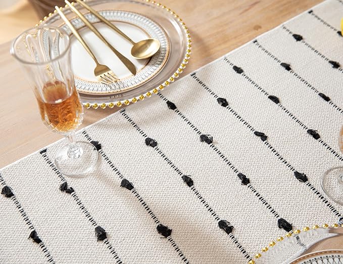 Caflife Boho Table Runner 90 Inchs Long for Modern Farmhouse Room Home Decor, Black and Beige Coffee Table Runner, Natural Cotton Woven with Tassels Neutral, for Kitchen Dining Table Decor