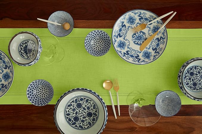 Solino Home Linen Lime Green Table Runner 120 Inches Long - 100% Pure Linen 14 x 120 Inch Table Runner for Christmas, New Year - Double Hemstitch