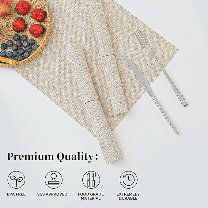 Leetaltree 6PC Grey& 6PC Beige Placemats Set of 12 - Heat Resistant Non-Slip Place mats for Dining Table, Washable Durable PVC Vinyl Woven Table Mats（6PC Grey&6PC Beige）, Grey&beige