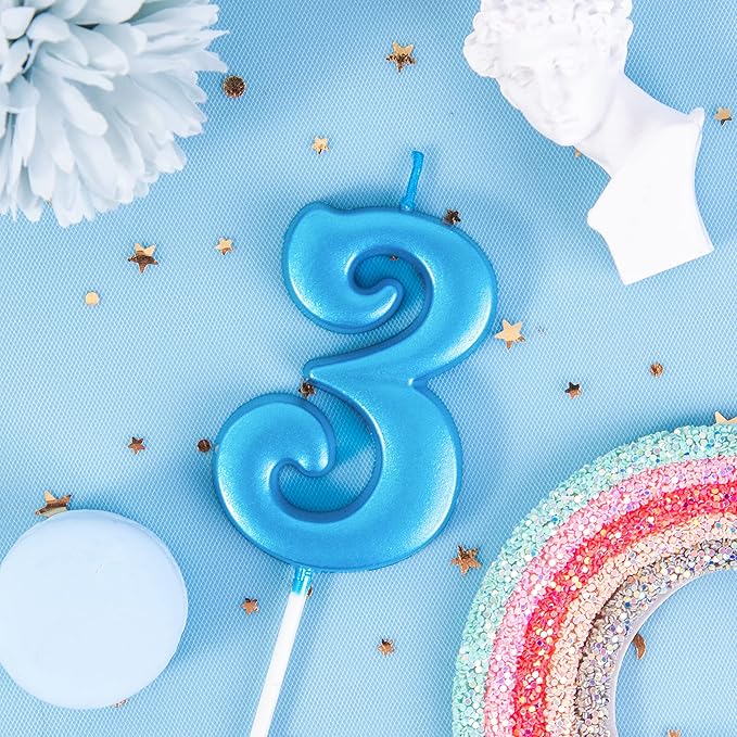 PHD CAKE 2.76 Inch Elegant Blue 3 Number Birthday Candles, Blue Number Candles, Cake Number Candles, Party Celebration