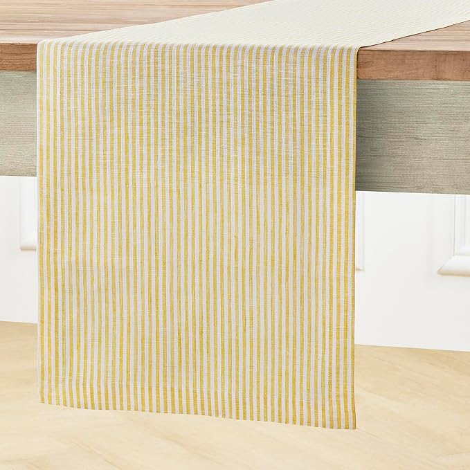 Solino Home Linen Table Runner 36 Inches - Narrow Stripe 100% Pure Linen Spicy Mustard and White Table Runner 14 x 36 Inch Ideal for Dresser and Coffee Tables