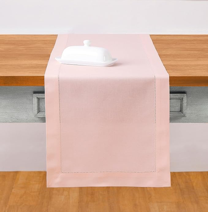 Solino Home Pink Table Runner 60 Inches - Cotton Linen Hemstitch Coffee Table Runner 14 x 60 Inch Ideal for Dresser Tables - Christmas, New Year