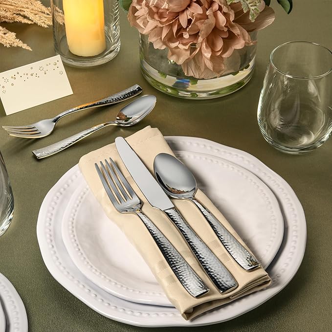 Hudson Essentials 89-Piece Hammered 18/10 Stainless Steel Silverware Cutlery Set with Serving Set, Flatware Service for 12