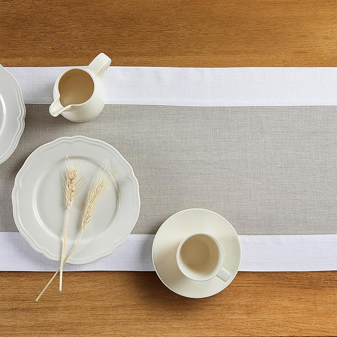 Solino Home Linen Table Runner 120 Inches Long - White and Natural 100% Pure Linen 14 x 120 Inch Table Runner for Dining, New Year, Holiday, Winter - Contempo