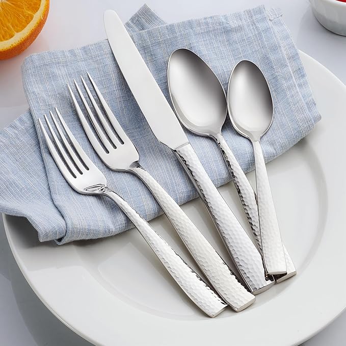Hudson Essentials 68-Piece Hammered 18/10 Stainless Steel Silverware Cutlery Set with Serving Set, Flatware Service for 12 (68-Piece Set)