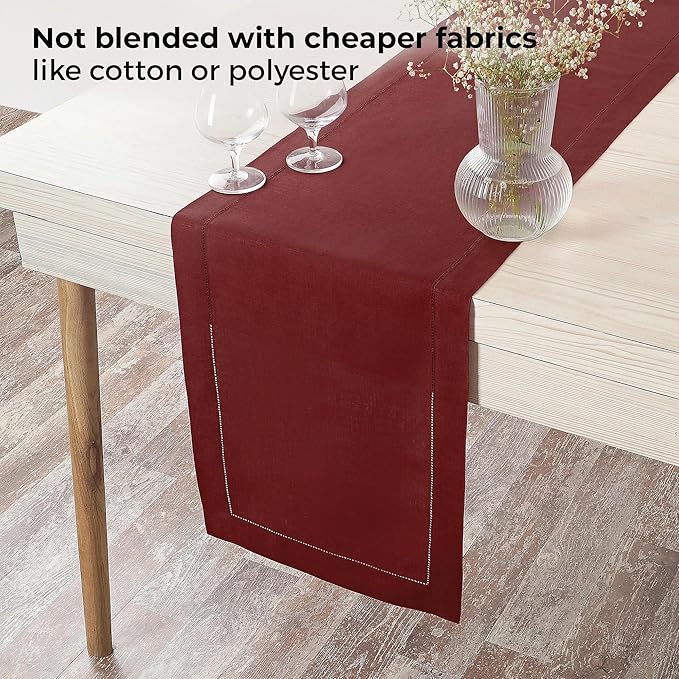 D'Moksha Homes Linen Dark Red Table Runner 60 Inches - Classic Hemstitch, 100% Pure Linen Coffee Table Runner 14 x 60 Inch Ideal for Dresser Tables - Winter, Christmas, Holiday, New Year