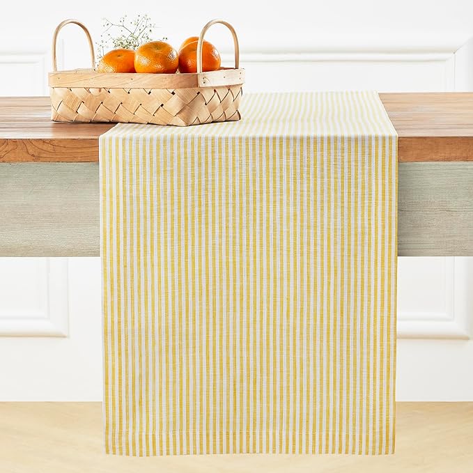 Solino Home Linen Table Runner 36 Inches - Narrow Stripe 100% Pure Linen Spicy Mustard and White Table Runner 14 x 36 Inch Ideal for Dresser and Coffee Tables