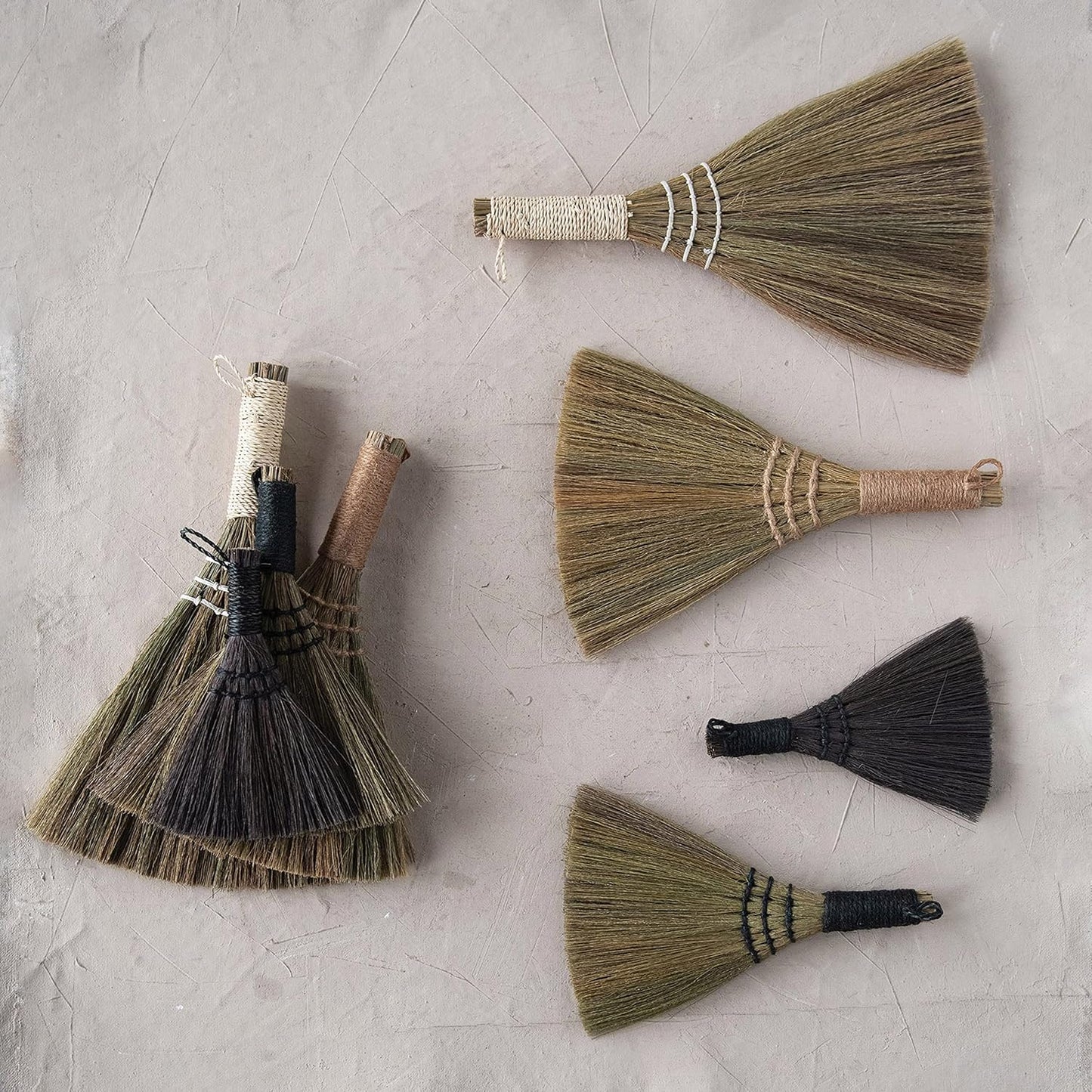 Creative Co-Op Whisk Brooms with Yarn Wrapped Handles, Multi Color Neutrals, Set of 4
