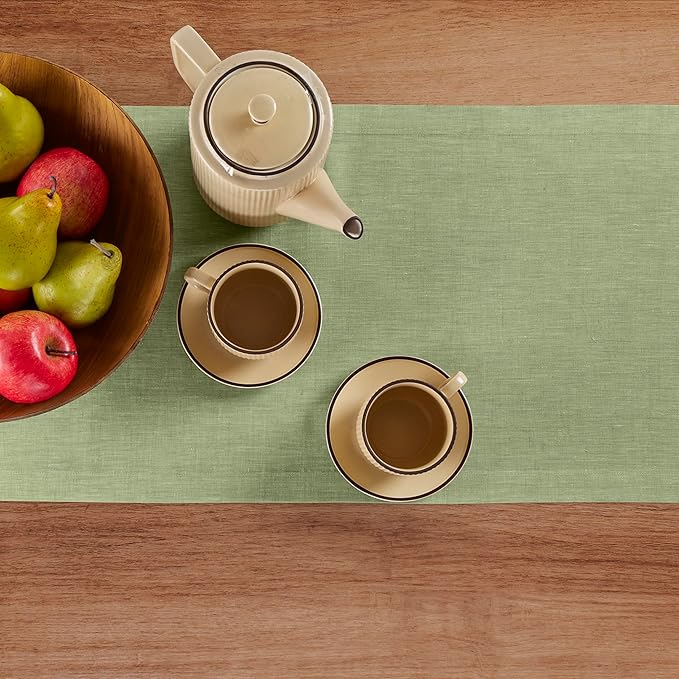 Solino Home Linen Table Runner 108 Inches Long - Athena, 100% Pure Linen Chambray Olive Table Runner 14 x 108 Inch for Dining, Christmas, New Year