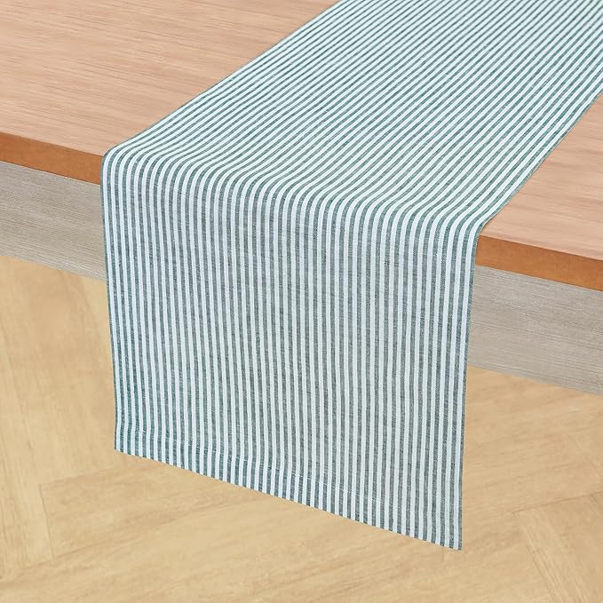 Solino Home Linen Table Runner 48 Inches - Narrow Stripe 100% Pure Linen Rainforest and White Farmhouse Table Runner 14 x 48 Inch Ideal for Dresser and Coffee Tables - Christmas, New Year