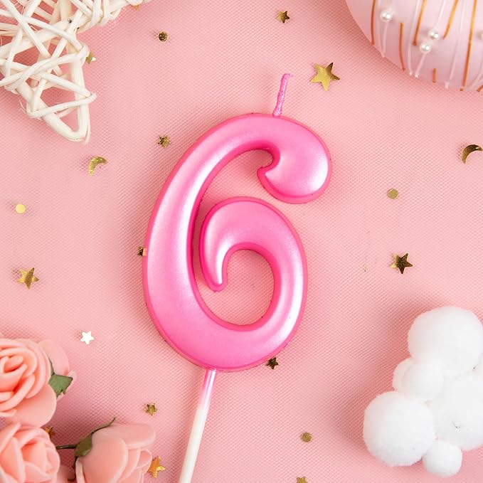 PHD CAKE 2.76 Inch Elegant Pink 6 Number Birthday Candles, Pink Number Candles, Cake Number Candles, Party Celebration