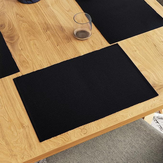 Encasa XO Dining Placemat Set of 6 | Solid Solid Black Color | Fine Ribbed Cotton Table mat | Size 19x13 in |for Dining Table Fall Decoration, Holiday & Christmas Festivals - Machine Washable