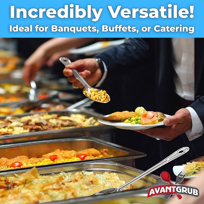 Super Strong, Ergonomic 11 in Serving Spoon 3 Pk. Big, Perforated Stainless Steel Spoons for Cooking, Baking and Basting. Best Kitchen Flatware for Buffet and Banquet Service in Restaurants and Homes