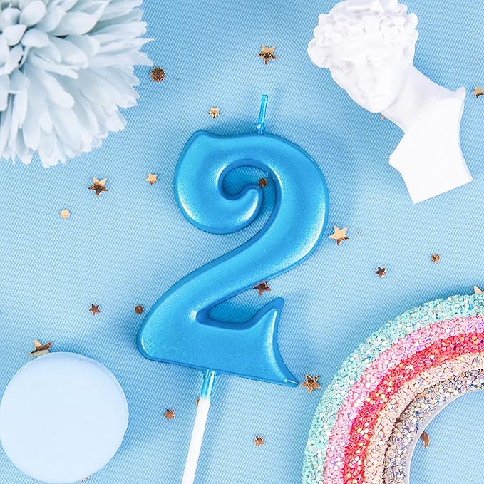 PHD CAKE 2.76 Inch Elegant Blue 2 Number Birthday Candles, Blue Number Candles, Cake Number Candles, Party Celebration