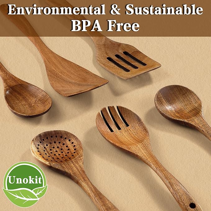 Unokit Cooking Utensils Set for Kitchen - 12 Piece Nonstick Natural Teak Wooden Spoons for Cooking, Comfort Grip Kitchen Utensils Set, Teak Wooden Utensil Set with Holder and Spoon Rest