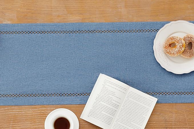Burlap Style Farmhouse Table Runner, 13 x 48 Inch Blue, Rustic Geometric Hollow Table Runners 48 Inches Long for Dresser Table Everyday Use, 13x48 Inches, Blue