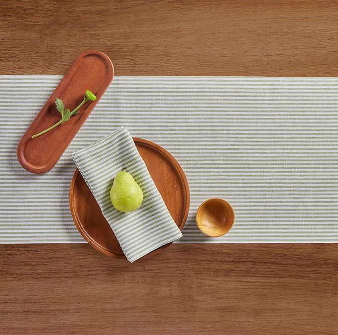 Solino Home Linen Table Runner 90 Inches Long - Narrow Stripe, 100% Pure Linen Avocado and White Farmhouse Table Runner 14 x 90 Inch for Dining, Christmas, Winter, New Year