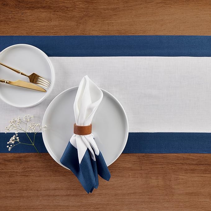 Solino Home Linen Table Runner 120 Inches Long - Indigo Blue and White 100% Pure Linen 14 x 120 Inch Table Runner for Dining - Contempo