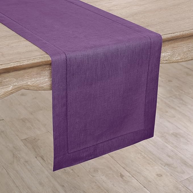 Solino Home Linen Purple Table Runner 60 Inches - Classic Hemstitch, 100% Pure Linen Coffee Table Runner 14 x 60 Inch Ideal for Dresser Tables - Holiday, Christmas