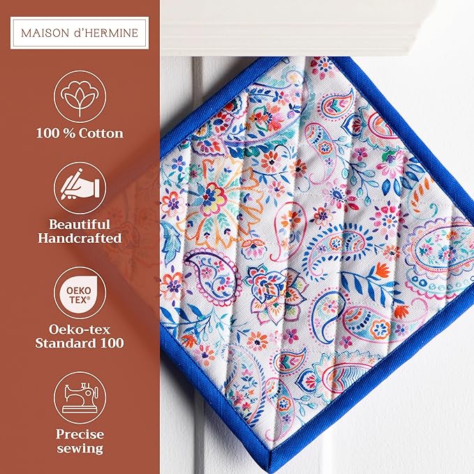 Maison d' Hermine Pot Holders 100% Cotton Heat Resistant Potholders 8" x 8" Hot Pads with Loop BBQ, Cooking, Baking, Grilling, Kitchen, Handling Hot Pans Spring/Summer (Pack of 1, Indian Floral)