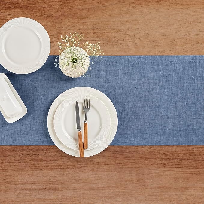 Solino Home Linen Table Runner 156 Inches Long - Athena, 100% Pure Linen Blue Denim Dining Table Runner 14 x 156 Inch for Christmas, New Year