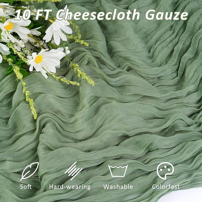 Sage Green Table Runner, 120 Inch 10 FT Boho Rustic Cheesecloth Gauze, Farmhouse Centerpieces Decor for Wedding Spring Easter Baby Bridal Shower Party Decoration, 1 Pack