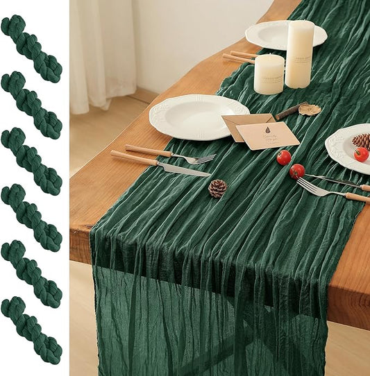 Leetaltree 6 Pack Emerald Green Christmas Table Runner, 35x120 Inch Boho Rustic Cheese Cloth Table Runner, Decorative Table Runners for Bridal Baby Shower Decorations or Wedding Table Decorations