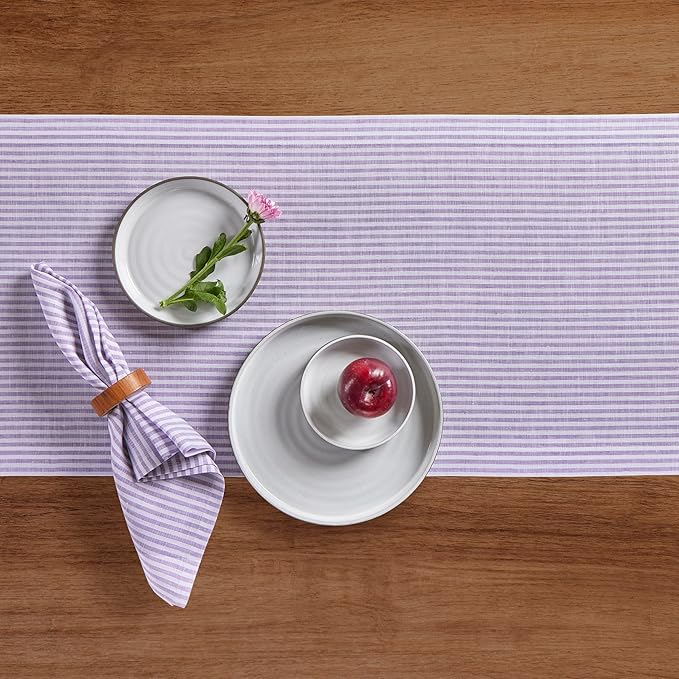 Solino Home Linen Striped Table Runner 60 Inches - Narrow Stripe, 100% Pure Linen Lavender and White Small Table Runner 14 x 60 Inch Ideal for Dresser and Coffee Tables - Christmas, New Year