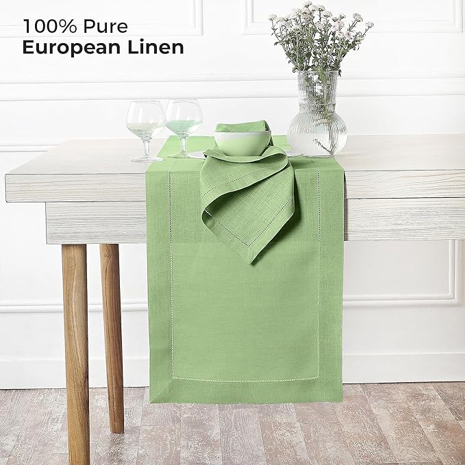 D'Moksha Homes Linen Sage Green Table Runner 132 Inches Long - 100% Pure Linen Extra Long Table Runner 14 x 132 Inch for Winter, Christmas, Holiday, New Year - Classic Hemstitch