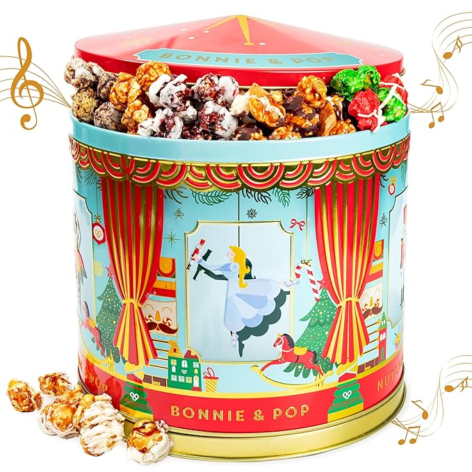 Christmas Popcorn Gift Tin - Gourmet Food Gifts - Plays Music - Chocolate & Popcorn Gift Tin, Holiday Basket - Nutcracker Suite- Bonnie and Pop