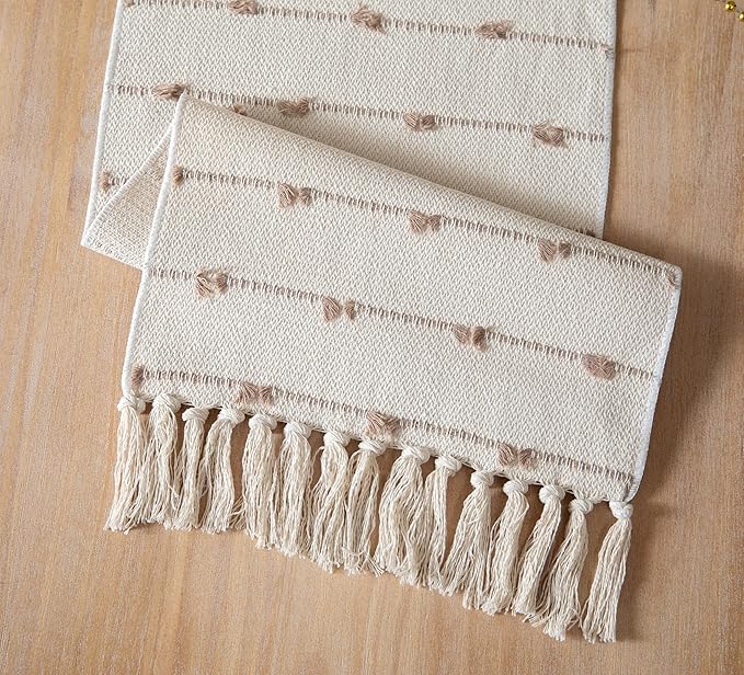 Caflife Boho Table Runner 108 Inchs Long for Modern Farmhouse Room Home Decor, Taupe and Beige Coffee Table Runner, Natural Cotton Woven with Tassels Neutral, for Kitchen Dining Table Decor