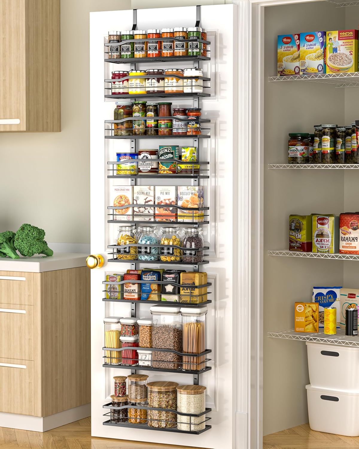 Moforoco 12.2"(W) Narrow 9-Tier Over The Door Pantry Organizer, Pantry Organization and Storage, Black Hanging Basket Wall Spice Rack Seasoning Shelves, Home & Kitchen