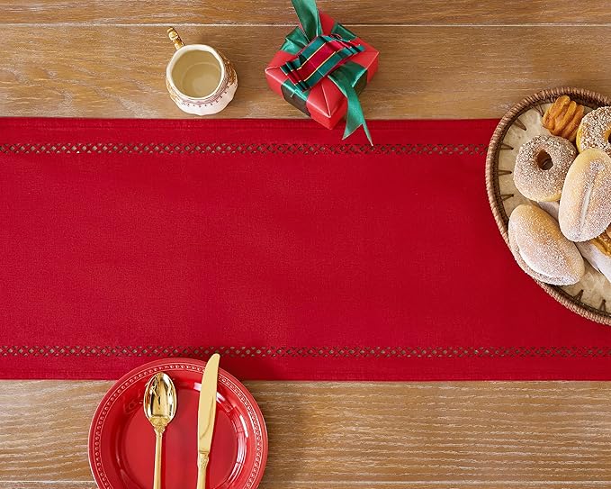 Burlap Style Farmhouse 13 x 60 Inch Red Table Runner, Rustic Geometric Hollow Christmas Table Runners 60 Inches Long for Winter Christmas Party Decorations, 13x60 Inches, Red