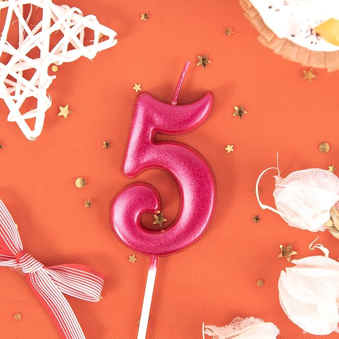 PHD CAKE 2.76 Inch Elegant Red 5 Number Birthday Candles, Red Number Candles, Cake Number Candles, Party Celebration