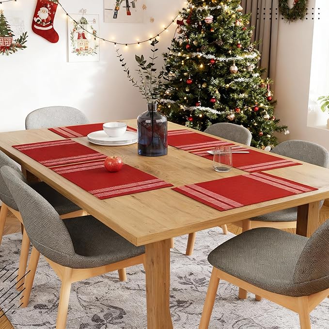 Encasa XO Dining Placemat Set of 6 | Solid Ladder Red Color | Fine Ribbed Cotton Table mat | Size 18x13 in |for Dining Table Fall Decoration, Holiday & Christmas Festivals - Machine Washable