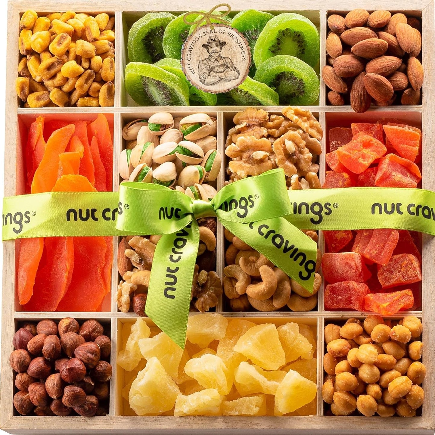 NUT CRAVINGS - Rosh Hashana & Shana Tova Dried Fruit & Mixed Nuts Gift Basket in Reusable Wooden Tray + Ribbon (12 Assortments) Food Arrangement, Healthy Snack Care Package, Food Assortments