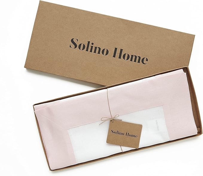 Solino Home Linen Table Runner 48 Inches - 100% Pure Linen Blush Pink and White Table Runner 14 x 48 Inch Ideal for Dresser and Coffee Tables, Christmas - Contempo