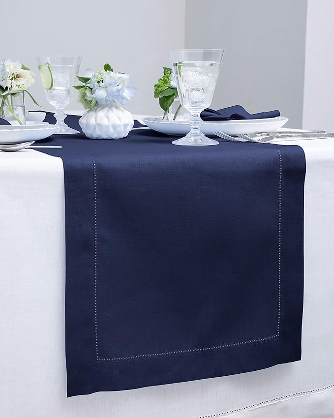 Solino Home Linen Navy Blue Table Runner 132 Inches Long - 100% Pure Linen Extra Long Table Runner 14 x 132 Inch for Christmas, New Year - Classic Hemstitch
