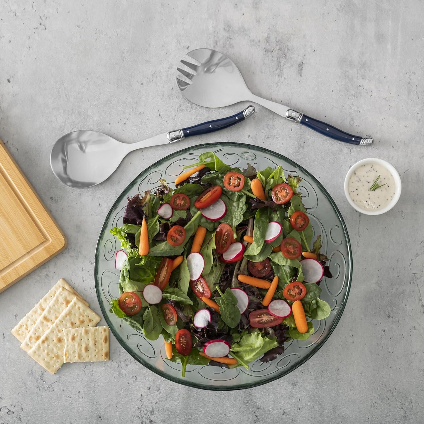 French Home Recycled Glass Celebration Salad Bowl Set – Salad Bowls with Laguiole Navy Handle Salad Servers – Elegant Kitchen Set for Your Hosting Essentials