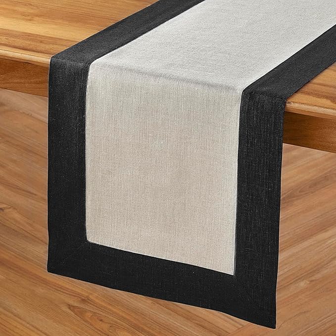Solino Home Linen Table Runner 120 Inches Long - Black and Natural 100% Pure Linen 14 x 120 Inch Table Runner for Dining, Winter - Contempo