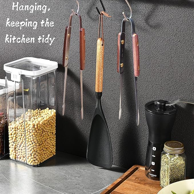 Exquisite Lightweight Cooking Tongs - 304 Stainless Steel & Walnut Wood, Comfortable Grip, Non-Slip Design, High Heat Resistant - Ideal for Light and small food, Kitchen Plating, Korean BBQ, 2 Pack