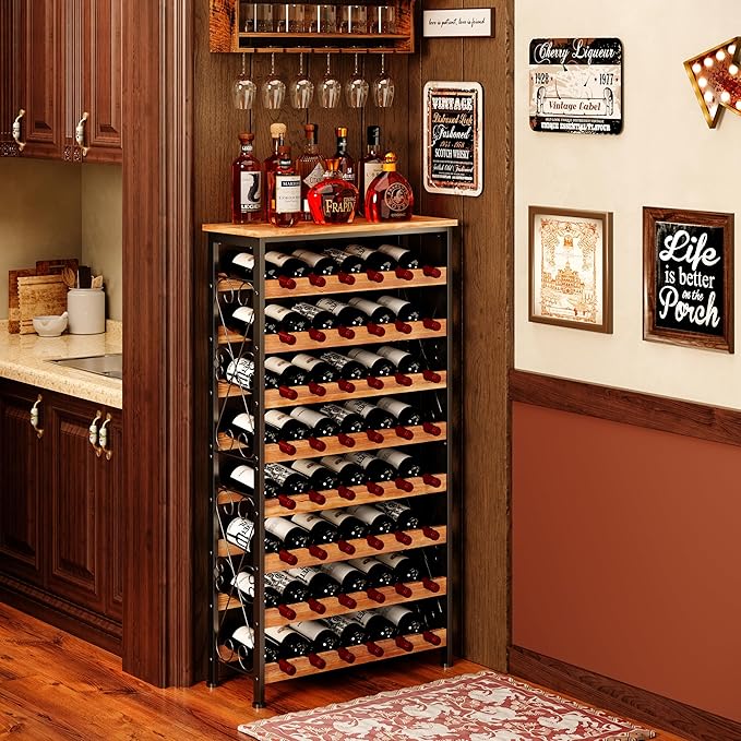 Sonyabecca 48 Bottles Wine Rack Freestanding Floor with Wood Top, 8 Tier Wine Bottle Holder, Wine Storage for Kitchen Pantry, Tall Wine Bar Stand Shelf Display 25.2''L X 10.7''W X 47.2''H