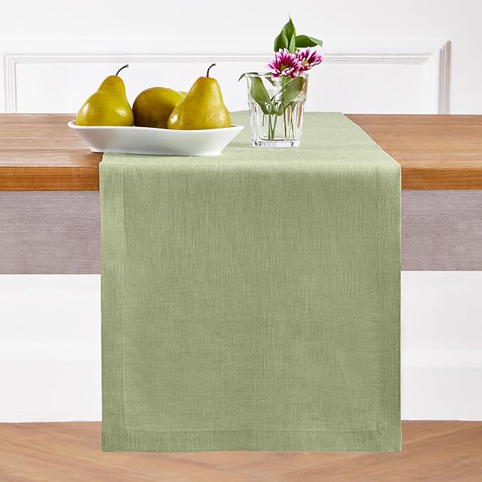 Solino Home Linen Table Runner 72 Inches Long - Athena, 100% Pure Linen Chambray Olive Table Runner 14 x 72 Inch for Dining, Christmas, New Year
