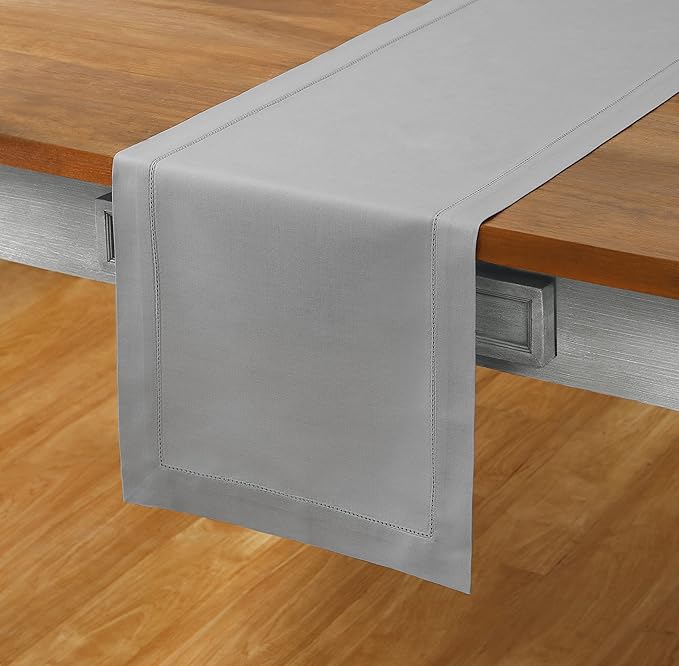 Solino Home Light Grey Table Runner 36 Inches - Cotton Linen Hemstitch Coffee Table Runner 14 x 36 Inch Ideal for Dresser Tables - Christmas, Holiday, New Year