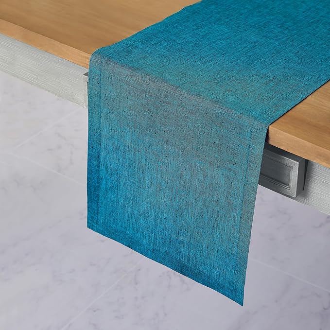 Solino Home Linen Table Runner 90 Inches Long - Athena, 100% Pure Linen Chambray Teal Table Runner 14 x 90 Inch for Dining