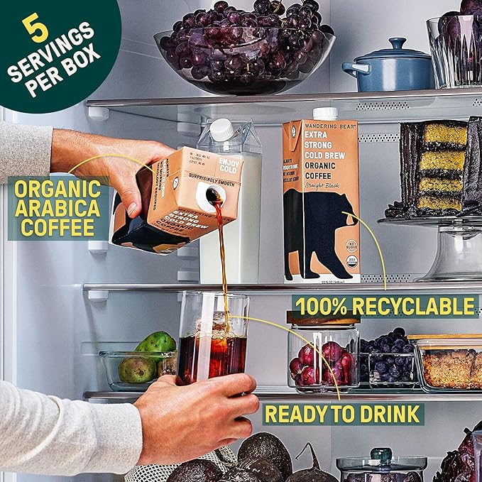 Wandering Bear Straight Black Organic Cold Brew Coffee - Extra Strong, Bold, Smooth, Unsweetened, Shelf-Stable, Ready to Drink, 100% Organic Iced Cold Brewed Coffee Drink - 32 fl oz, 6 pack