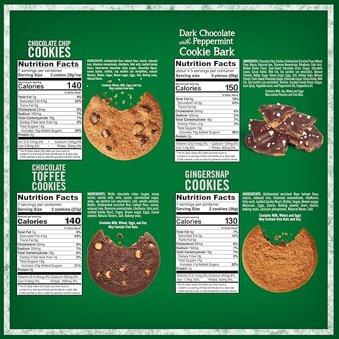 Tate's Bake Shop Holiday Cookies Variety Pack, Chocolate Chip, Toffee, and Gingersnap Cookies, plus Peppermint Bark, 4 Bags