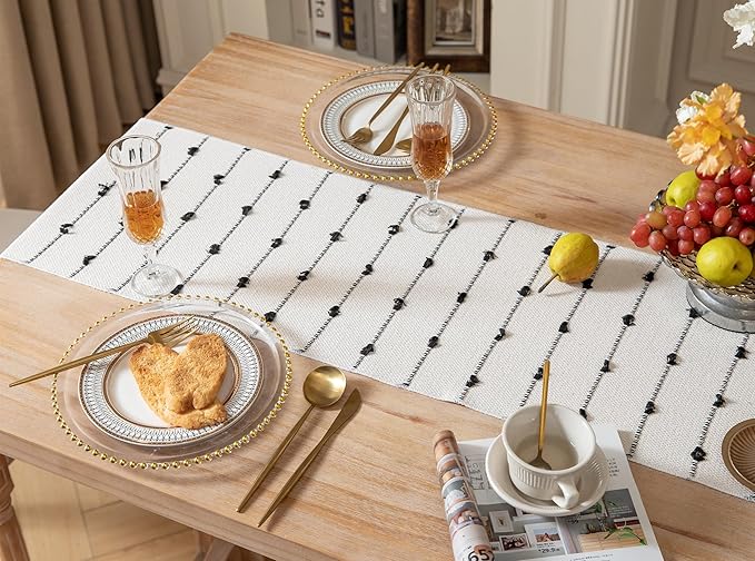 Caflife Boho Table Runner 90 Inchs Long for Modern Farmhouse Room Home Decor, Black and Beige Coffee Table Runner, Natural Cotton Woven with Tassels Neutral, for Kitchen Dining Table Decor