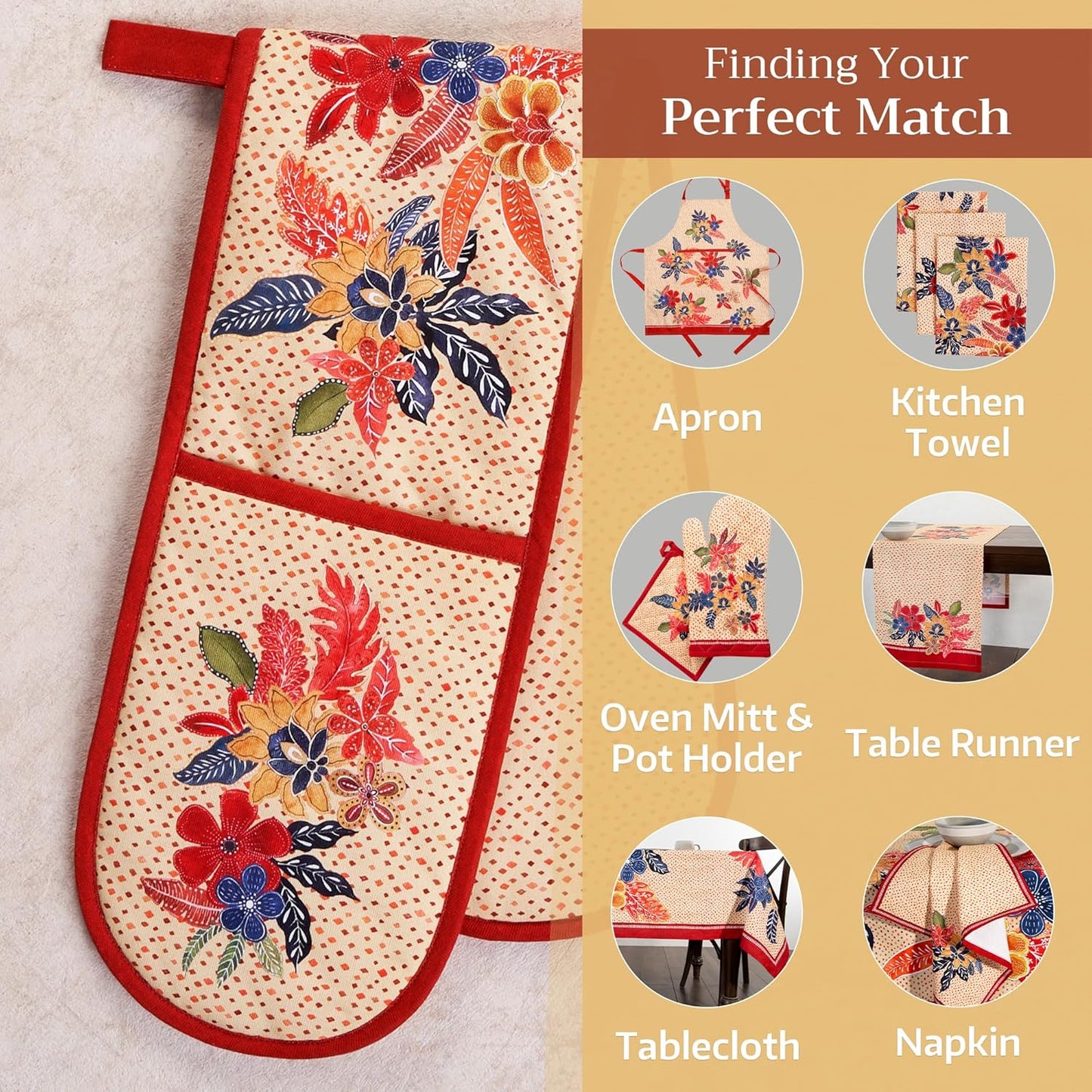 Maison d' Hermine Double Oven Mitts 100% Cotton 7"x35" Double Oven Mitt Heat Resistant BBQ Cooking Gloves with Loop, Baking, Grilling, Home, Kitchen, Handling Hot Pans (Kalahari)